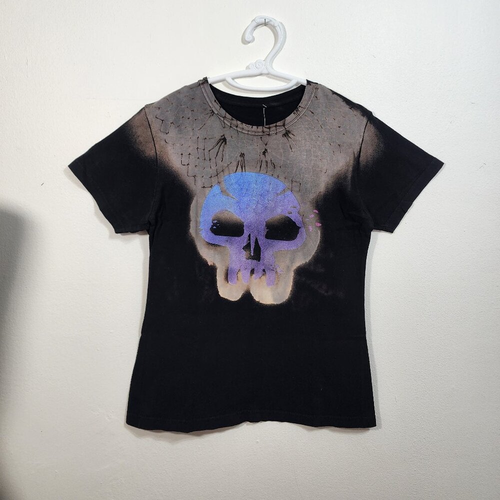 T-shirt, upcycled by me using bleaching, dying process, and screen printing.